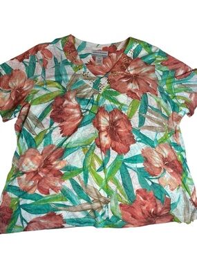 Alfred Dunner V-Neck Floral Beaded Short Sleeve Blouse Petite XL PXL